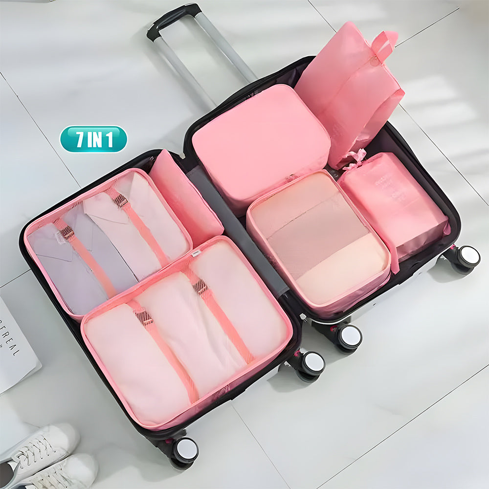 Packing Cubes Set of 7 for Suitcase – Travel Organiser Bags for Clothes, Shoes, Toiletries & Accessories, Oxford Fabric Luggage Sorting Pouches for Holiday & Business Travel in Grey, Pink, Blue & Beige