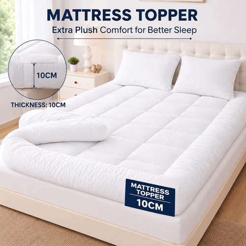 ELAFY White 10cm High Loft Mattress Topper | Hotel Quality, Super Soft & Brushed Microfiber Top with Hollowfiber Filling | Elasticized Corner Straps fits up to 40 CM