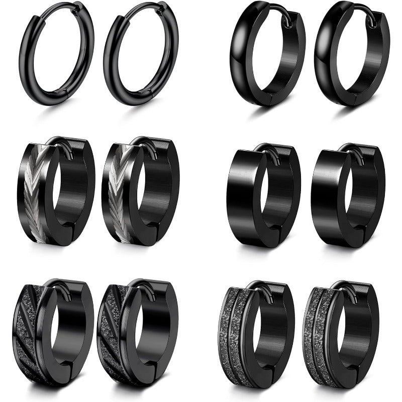 6 Pairs Men Earrings Hoops Huggie Earrings Set 316L Stainless Steel Earrings Classic Small Hoop Earrings Helix Earrings Piercing Jewellery Sleeper Earrings Black Hoop Earrings for Men Women
