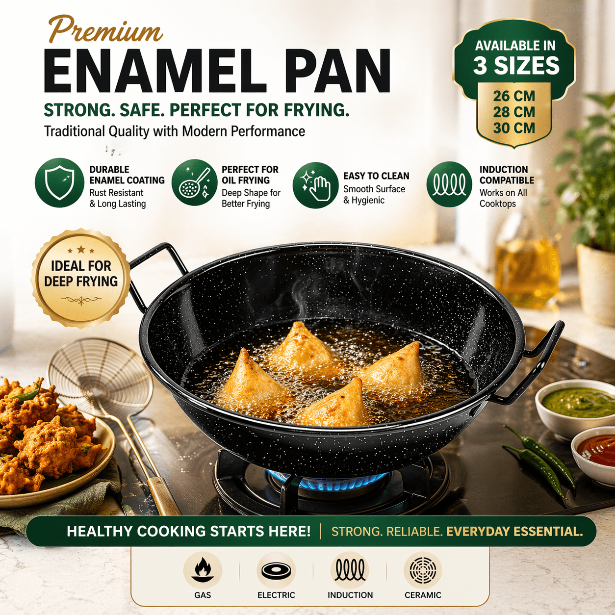 STL Enamel Wok Pan Kadhai with Raised Handles, Induction Safe, Flat Base for Even Heat Distribution, Heavy Duty Karahi for Shallow & Deep Frying, Black White Dots Design