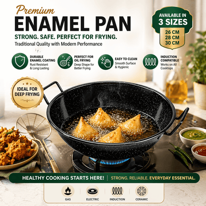 STL Enamel Wok Pan Kadhai with Raised Handles, Induction Safe, Flat Base for Even Heat Distribution, Heavy Duty Karahi for Shallow & Deep Frying, Black White Dots Design