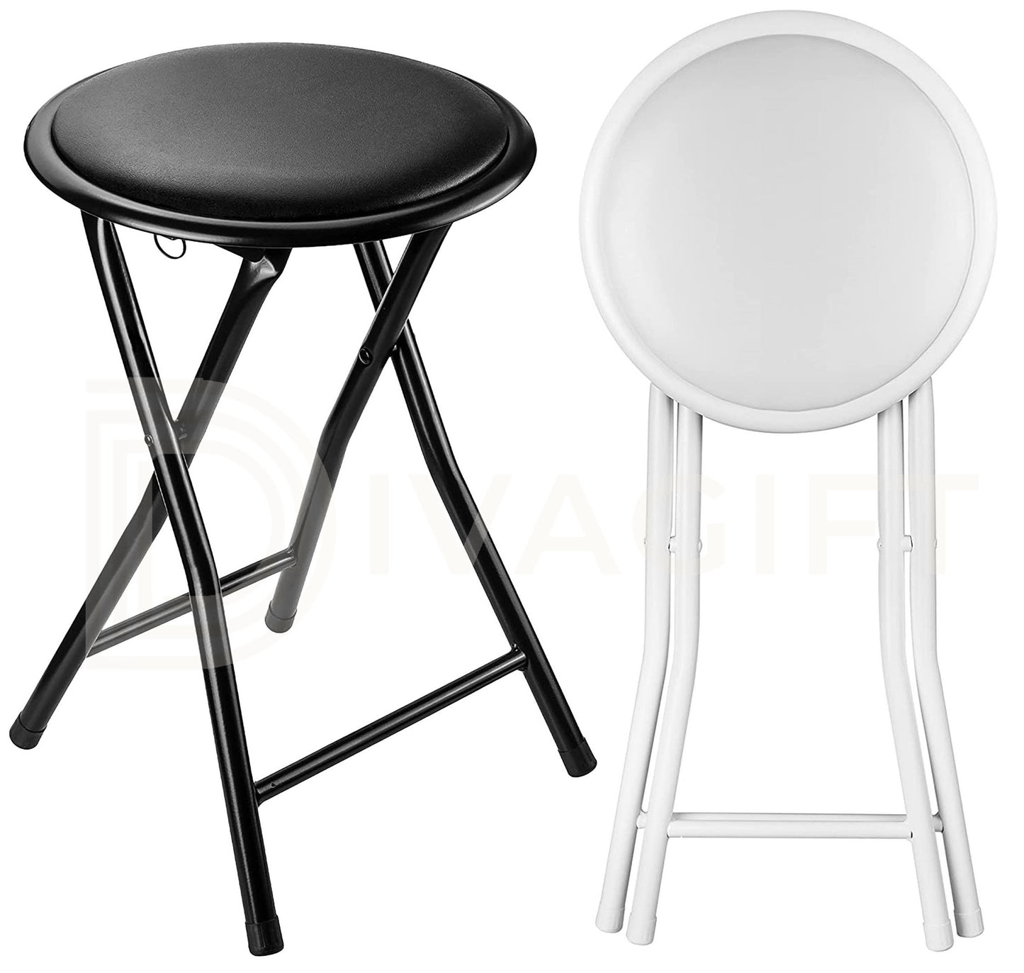 BLACK WHITE FOLDING STOOL ROUND FOLDABLE METAL SPACE SAVING STOOLS PADDED SEAT