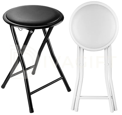 BLACK WHITE FOLDING STOOL ROUND FOLDABLE METAL SPACE SAVING STOOLS PADDED SEAT