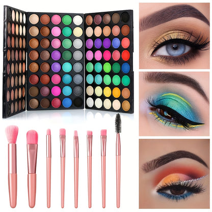 120 Colors Eyeshadow Palette with 8pcs Pink Makeup Brushes Set, Matte Shimmer Highly Pigmented Long Lasting Waterproof, Colorful Eye Shadow Kit for Professional Makeup Or Beginners