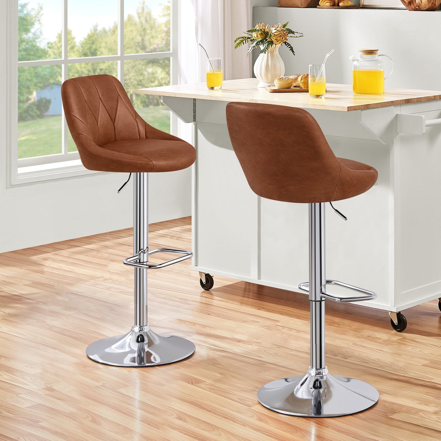 Costoffs 2PCS Bar Stools Faux Leather Swivel Barstools, Height Adjustable, Modern Bar Chairs with Ergonomic Backrest, Cushioned Seat, Chrome Footrest for Home Kitchen Island Bar Counter, Dark Grey/Black/Retro Brown/White/Light Grey