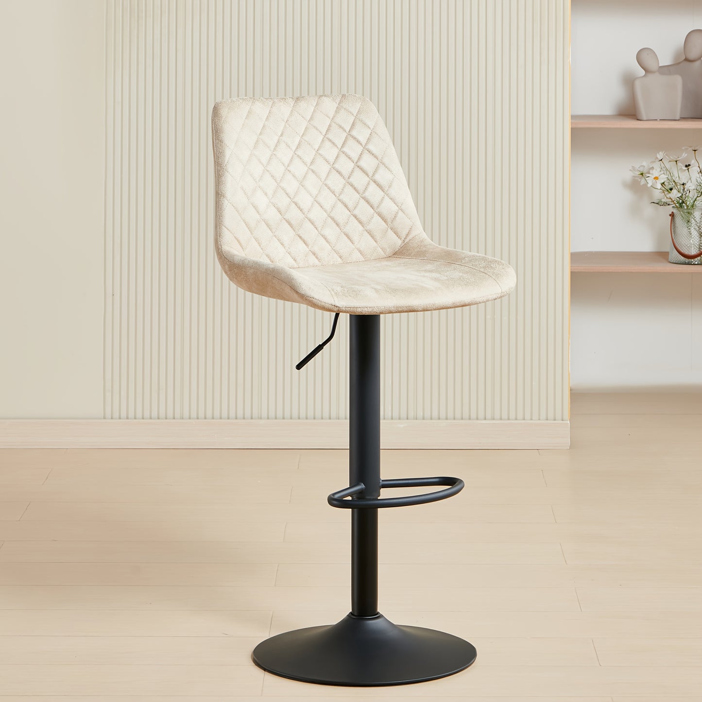 Height Adjustable Bar Stools Set Of 1 Or 2 Velvet Exterior Breakfast Barstools with Black Paint Steel Gas Lift And Footrest for Home Kitchen, Pub, Island Counter
