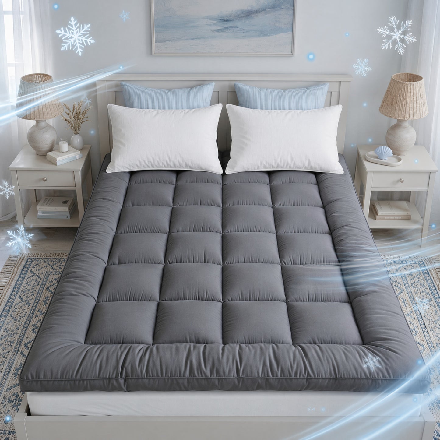 Grey Mattress Topper 4-Inch / 10cm Hotel Quality Deep Fitted Mattress Pad with Corner Elasticated Straps Quilted Box Stitch Breathable All-Season Comfort Single Double Small Double King Super King, 1000GSM Fiber Fill