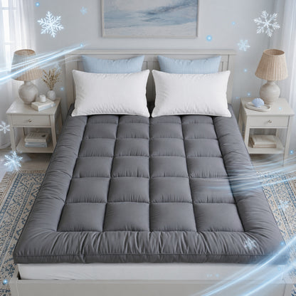 Grey Mattress Topper 4-Inch / 10cm Hotel Quality Deep Fitted Mattress Pad with Corner Elasticated Straps Quilted Box Stitch Breathable All-Season Comfort Single Double Small Double King Super King, 1000GSM Fiber Fill