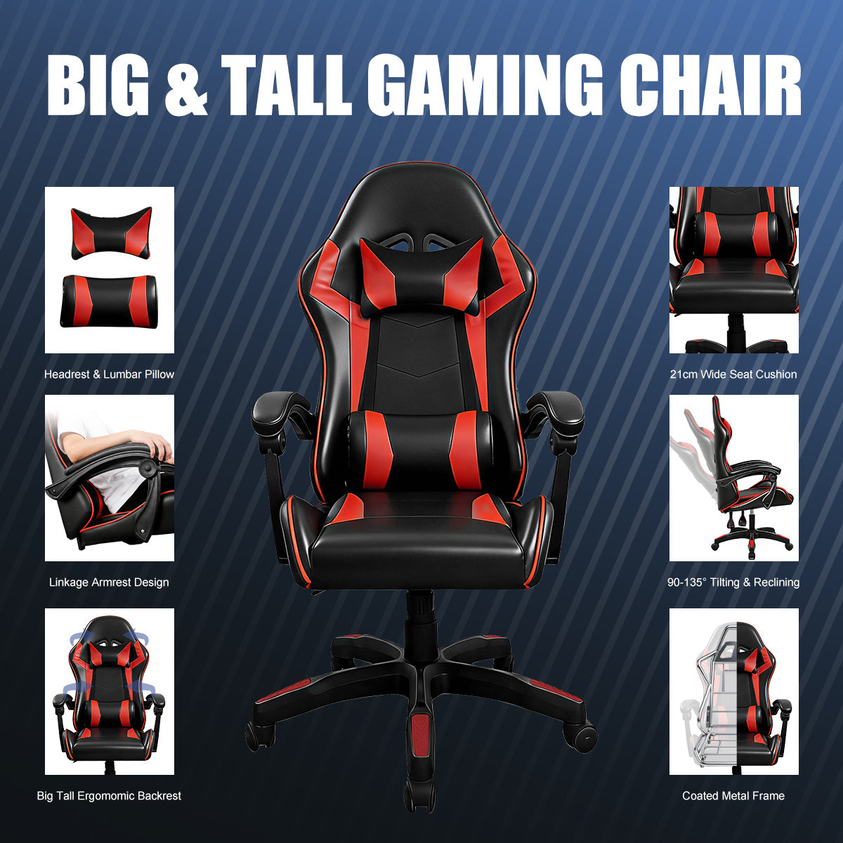 【Gaming Chair】 Ergonomic design Office Chair, height adjustable office chair, Lumbar Support+ headrest, 90° - 135° reclining gaming chair, white, red, gray