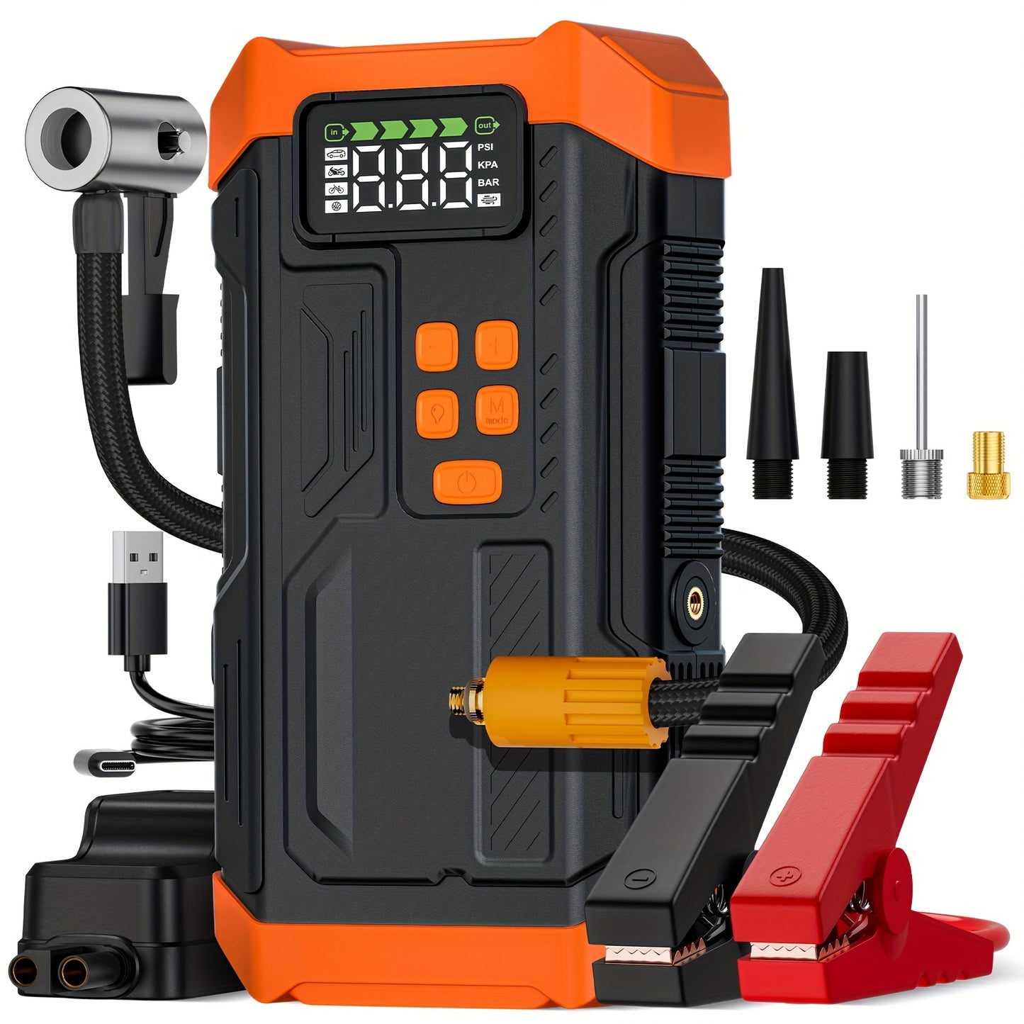 HPBS 5000A Peak Portable Car Jump Starter with Air Compressor - 12V 9.0L Gas/8.0L Diesel Fast Charge, Digital Display, LED Emergency Light, Power Bank & 4 Nozzles for Cars, Trucks, SUVs, Motorcycles, Inflatable Items - Compact Rechargeable Lithium-Polymer