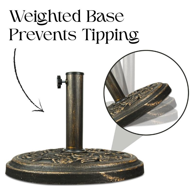9kg Round Parasol Base Bronze Cast Iron Effect Umbrella Stand, Outdoor Heavy Duty Weight Support with Adjustable Collars & Tightening Knob for Garden, Patio, Lawn & Terrace Furniture, Floral Design, Bronze