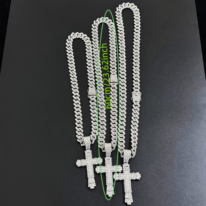 Hip-Hop Plus Size Large Pendant Full Rhinestones Double Layer Thickened Cross Hollow Buckle 14mm Wide Cuban Chain Necklace New Product Creative