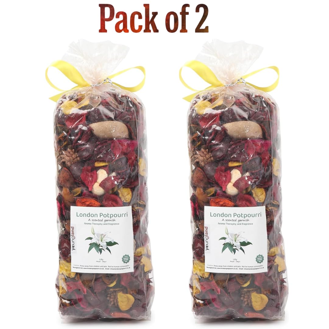 Youngland London Potpourri Lilly Scented Garnish Natural Dried Flower Vase Filler with FREE 10ml Fragrance Oil Bottle Luxury Aromatherapy & Home Fragrance Gift Pack of 2 200gm/Packet