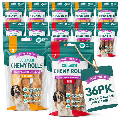 Collagen Dog Chews 36 Pack Rawhide Free – Long Lasting Chicken & Beef Chewy Rolls | Easy to Digest Natural Dog Treats | Bulk Value Pack for All Breeds | UK