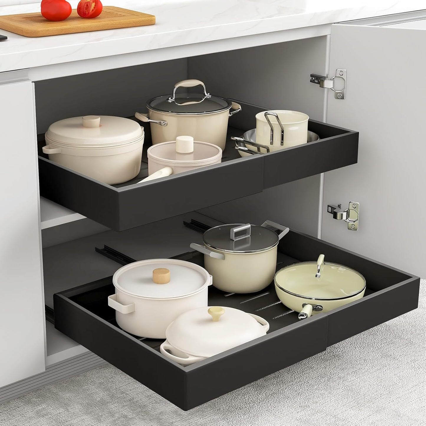 Pull Out Cabinet Organizer, Adjustable Expandable Slide Out Drawer, Roll-Out Sliding Drawer Organiser Shelf for Kitchen & Bathroom Storage, Easy Installation with Adhesive Film