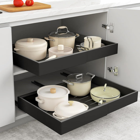 Pull Out Cabinet Organizer, Adjustable Expandable Slide Out Drawer, Roll-Out Sliding Drawer Organiser Shelf for Kitchen & Bathroom Storage, Easy Installation with Adhesive Film