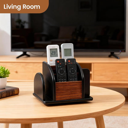 360° Rotating Desktop Organiser with Remote Control Holder – 6-Compartment Walnut Wood Pen Pot, Spinning Desk Tidy for Home Office, Document Slot, Stationery Storage, 184x180mm, Brown