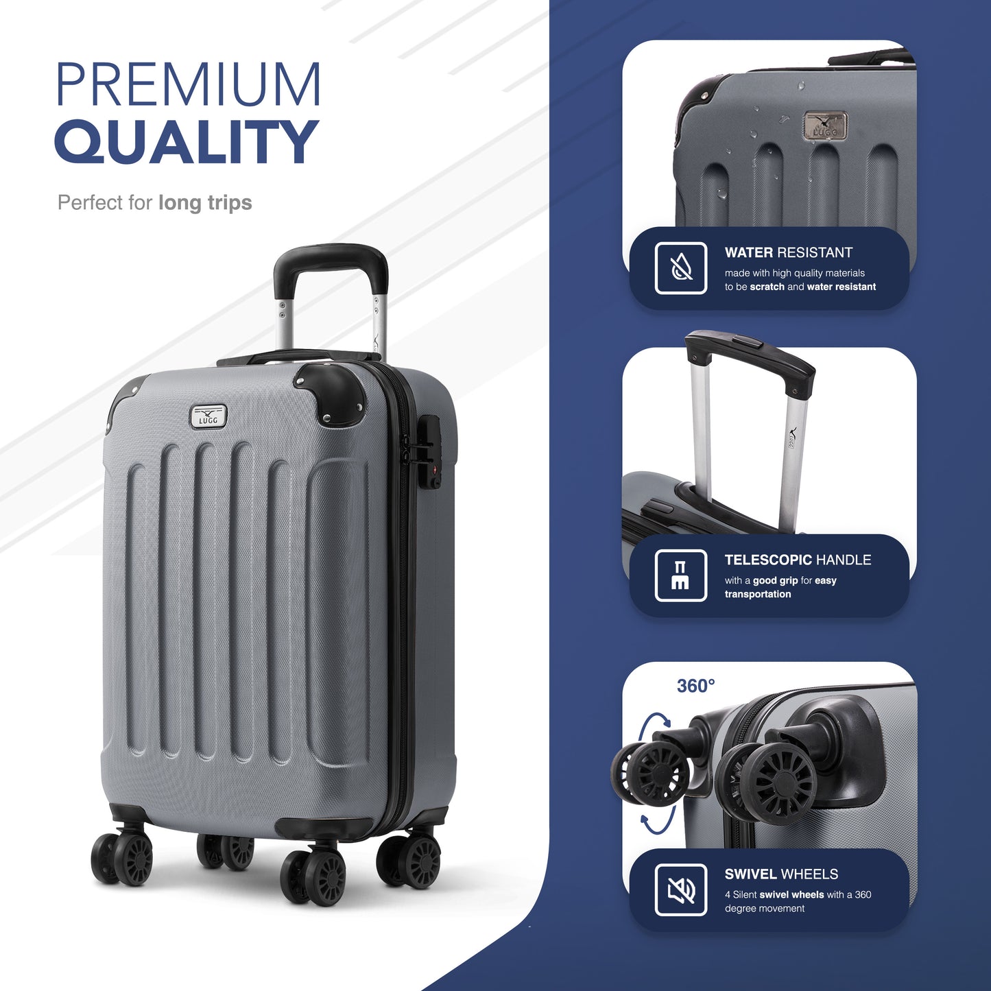 LUGG 55x35x23cm Skywander Lightweight Travel Cabin Bag Carry On Approved Suitcase ABS Shell Protection Water Resistant & Safe Locking System Easyjet Overhead Compliant (20inch)