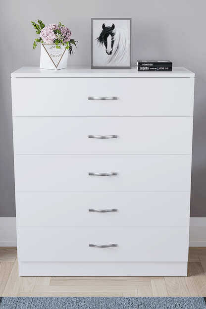 Chest of Drawers, 5 Drawers Chest of Drawers Dresser With Metal Handles and Runners Unique Anti-Bowing Drawer Support Spacious Bedroom Furniture, Available in White, Black, Grey, Pine Storage Furniture