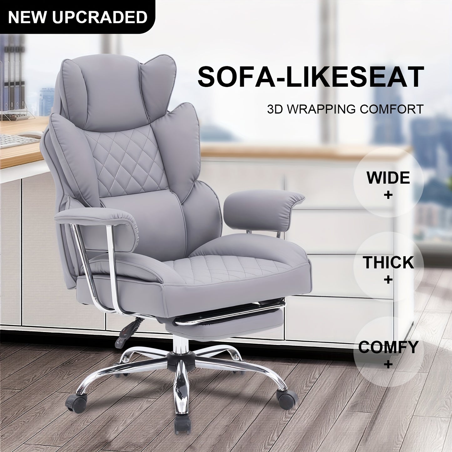 Big And Tall Ergonomic Office Chair with Footrest, Extra Wide Seat And Lumbar Support, Soft Fixed Armrests Comfortable Computer Desk Chair for Home Or Office