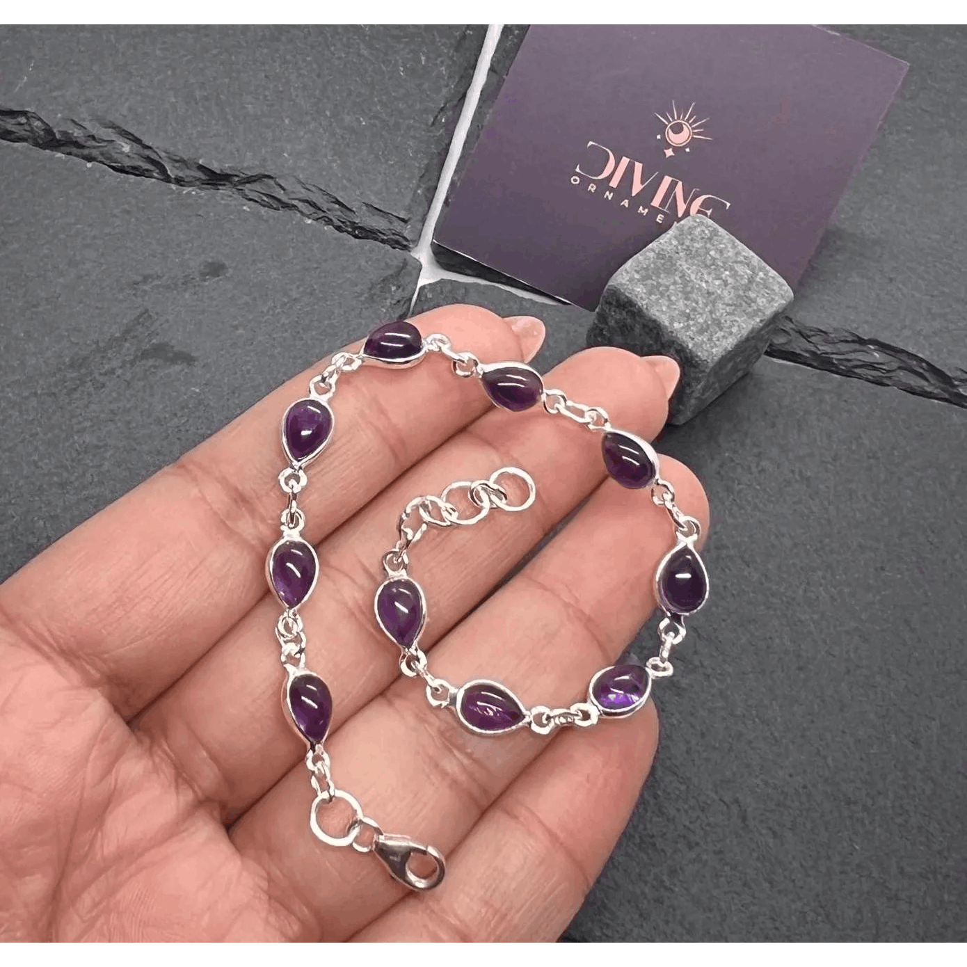 925 Sterling Silver Natural Gemstone Adjustable Bracelet ~ Teardrop Link Bracelet ~ Simple Elegant Jewelry
