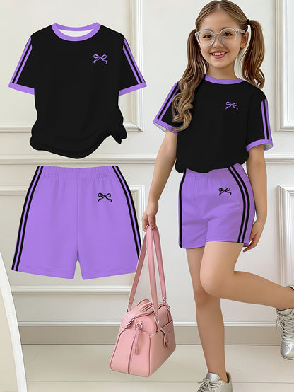 2pcs Set, Easy Bow Print Short Sleeve T-Shirt And Shorts Set, Star Style, Suitable for Spring And Summer, Back-To-School Outfit, Y2K Fashion, Campus Activities, Comfortable Casual, Fashionable And Playful, Hippie Style, Retro Sweet American Style