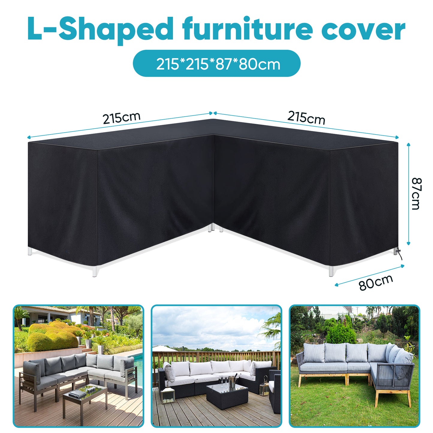 L-Shape Garden Furniture Cover Waterproof UV Resistant 210D Oxford Fabric Corner Sofa Protector with Drawstring 4 Sizes Black