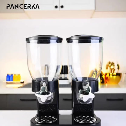 Black Plastic Dual-Chamber Grain Dispenser, Kitchen Oats and Snacks Storage Container, Breakfast Cereal Dispenser, 4L Large Capacity