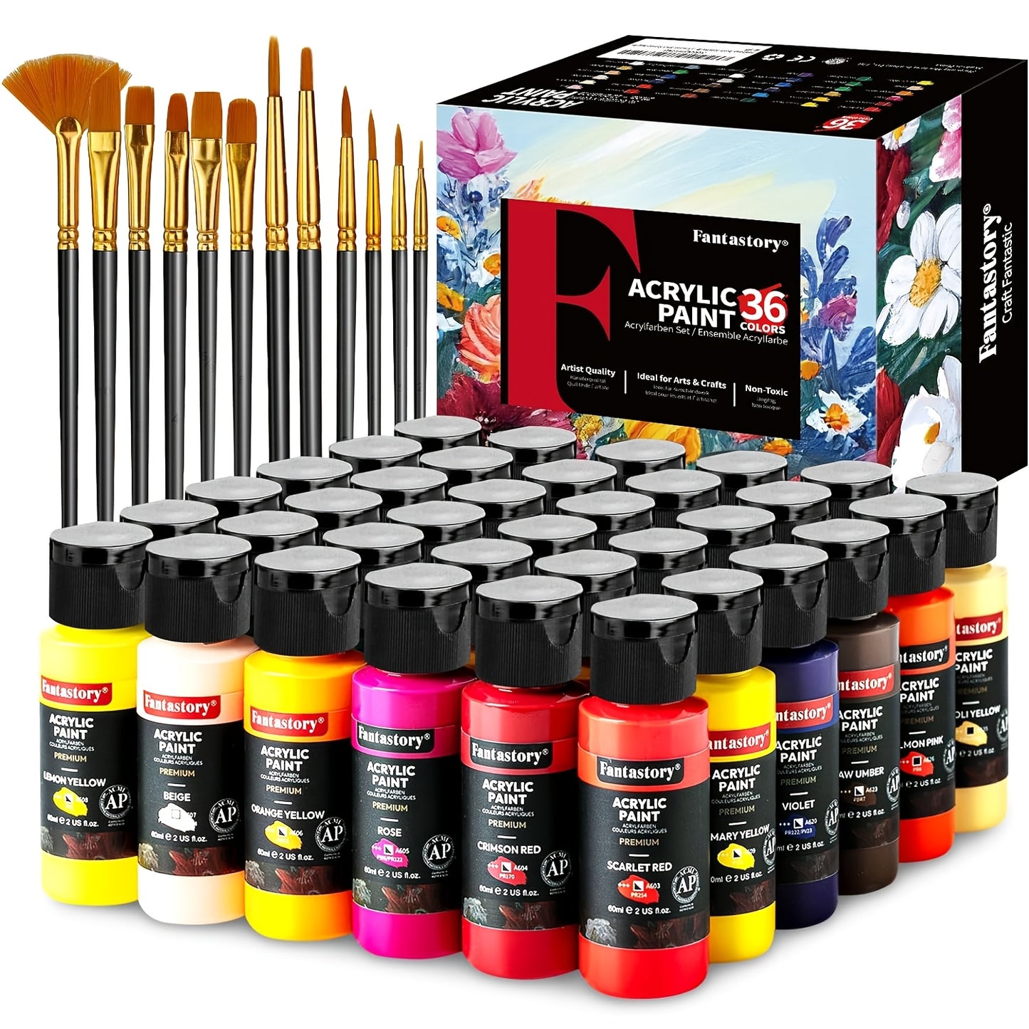 Fantastory 24/36pcs Acrylic Paint Set, 24/36Classic Colors(2oz/60ml), Professional Craft Paint, Art Supplies Kit for Adults, Canvas/Fabric/Rock/Glass/Stone/Ceramic/Model/Wood Painting with 10 Brushes.
