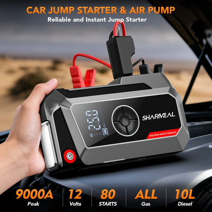 SHARMEAL 9000A/10000A Jump Starter with Air Compressor And Tire Inflator, 12V Power Bank, Battery Jump Pack, Jump Starter for Car Heavy Duty, 9-In-1 Multi-Function Power Pack for 10L Gas/All Diesel, Includes Nozzles And Additions