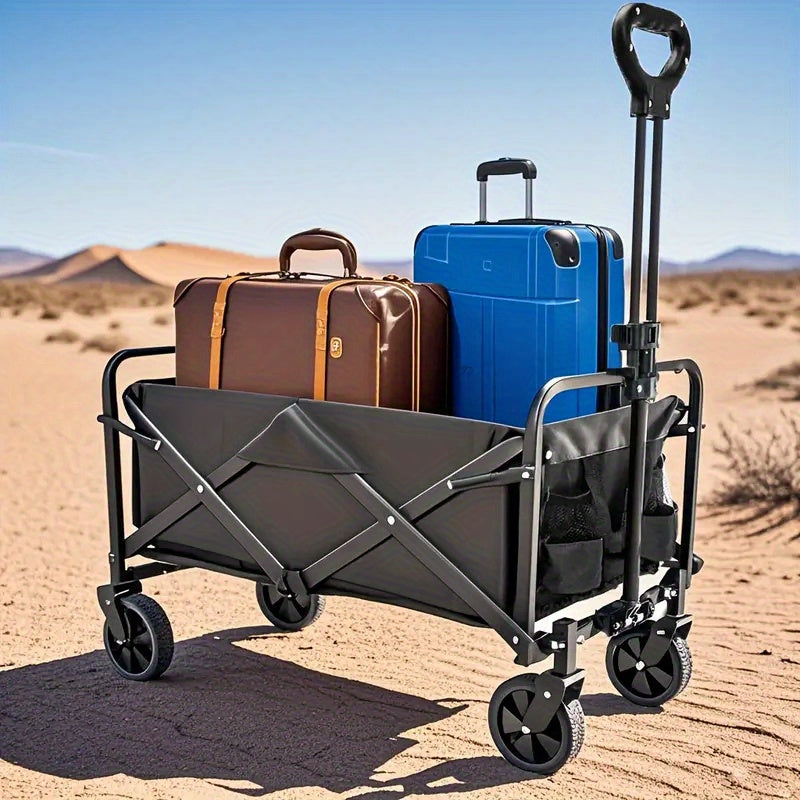 95.25KG Festival Trolley on Wheels, Folding Wagon, Grocery Cart, Portable Camping Cart, Collapsible Foldable Trolly for Beach Outdoor Garden Picnic Shopping Fishing, Detachable Wheels, Adjustable Handle, Outdoor Sport, Best Gifts, Black