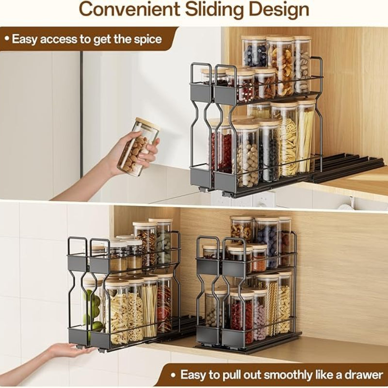 2 Tier Pull Out Spice Rack for Inside Cupboard, Sliding Spice Rack Cabinet Organiser Rack Metal Seasoning Rack Free Standing, Black