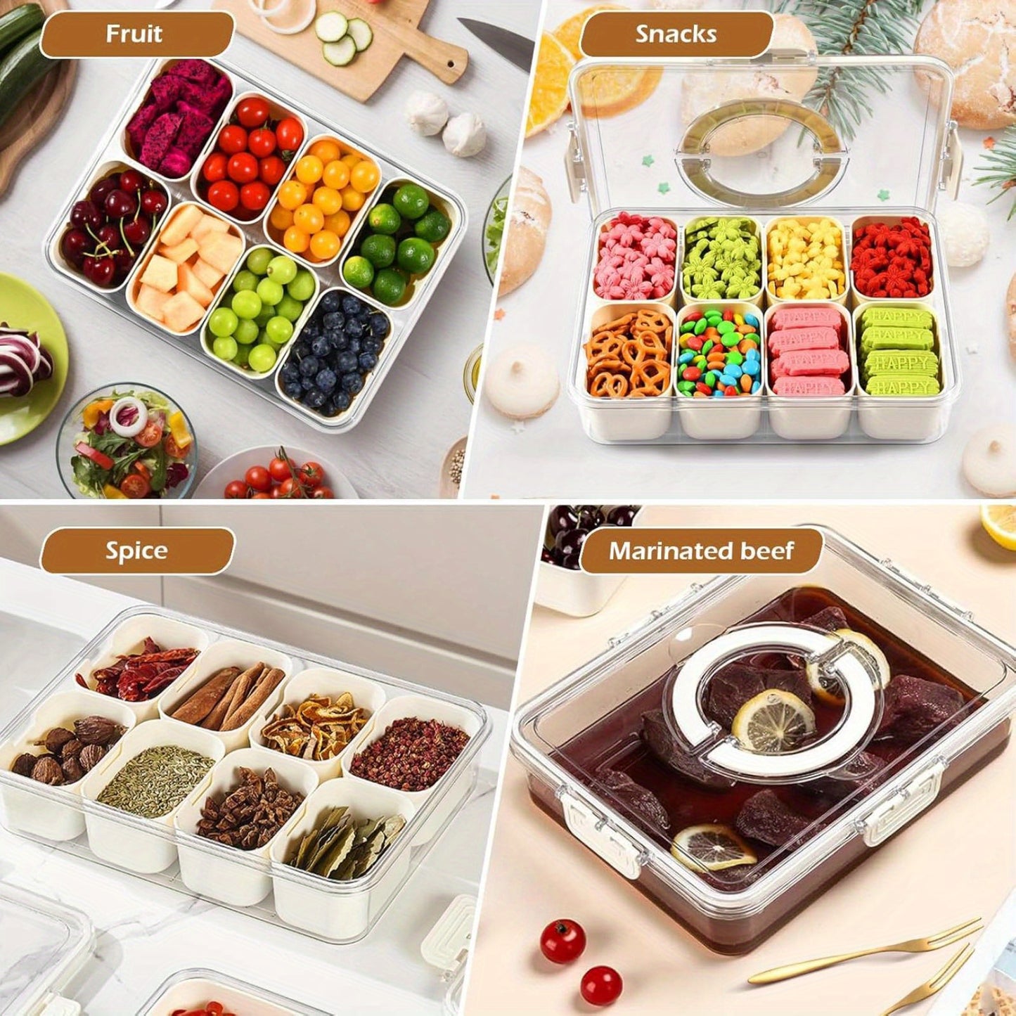 Divided Serving Tray with Lid& Handle, Plastic Portable Food Storage Container Snack Platters, 8 Removable Compartment Box for Parties, Reusable Appetizer Clear Organizer for Veggie, Candy, Fruit, Nut, Snacks, for Picnic Party Travel
