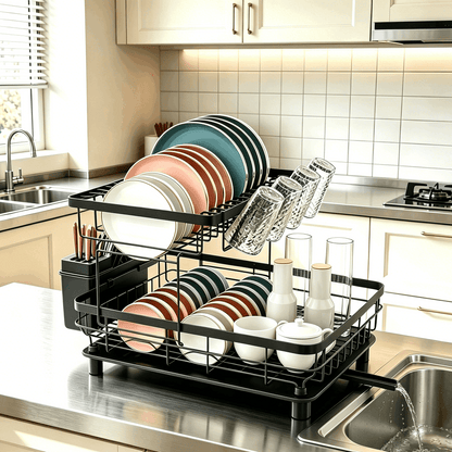 2 Tier Dish Drainer Rack Black Kitchen Counter Dish Storage Rack with Drip Tray Utensil Holder