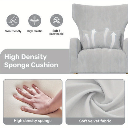 Velvet Armchair Wing Chair with Cushion & Pillow | Golden Metal Legs Padded Ergonomic Seat | Lounge Reading Reception Chair | Grey Beige Black | Living Room Bedroom Office
