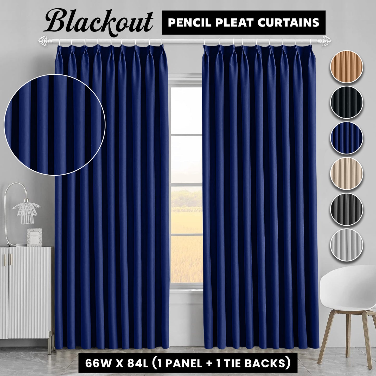 2pcs Premium Blackout Pencil Pleat Curtains – Heavy Duty Thermal Insulated Window Drapes with Matching Ties, Noise Reducing, Energy Saving & UV Blocking, Perfect for Bedroom & Living Room
