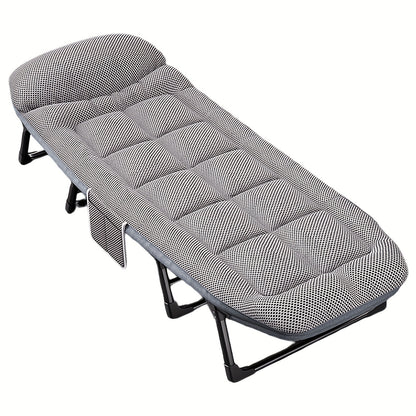 Sun Lounger, Adjustable Folding Camping Bed with Cushion and Headrest, for Adults Garden Patio Pool Office and Beach, 300kg Capacity, Oversized Guest Bed Lounge Chair