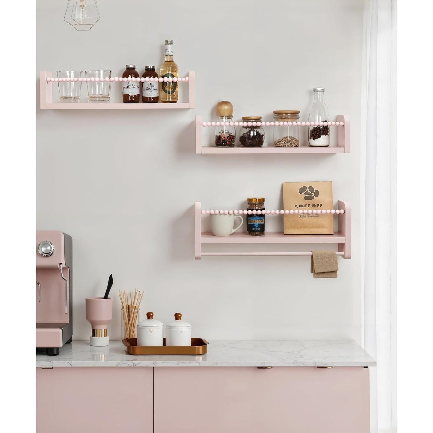 40cm Set of 3 Shelves Floating Book Shelf for Wall, Shelves for Bedroom Bookshelf Pink Room Decor, Solid Wood Small Organizer With Wooden Bead Design