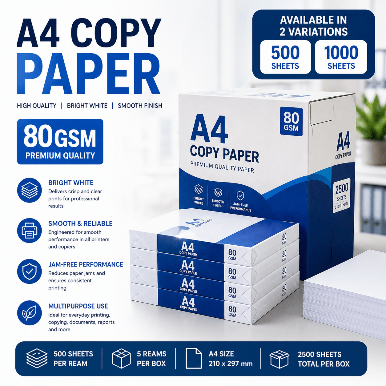 Office A4 Printer Paper 80gsm – 500 / 1000 Sheets, White, Premium Quality Copy Paper for Everyday Printing, Copying & Fax Machines