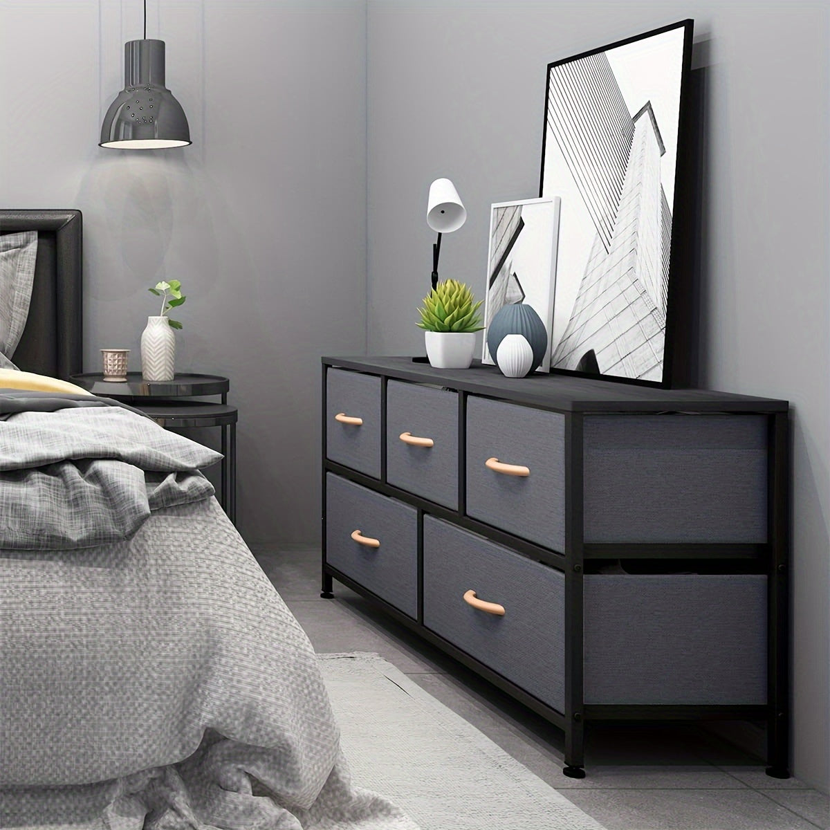 Chic Dark Gray 5-Drawer Storage Cabinet with Wood Panels & Metal Frame - Perfect for Bedroom & Living Room Organization, Storage Drawer Units