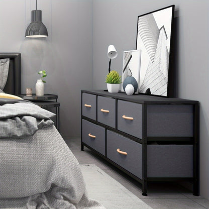 Chic Dark Gray 5-Drawer Storage Cabinet with Wood Panels & Metal Frame - Perfect for Bedroom & Living Room Organization, Storage Drawer Units