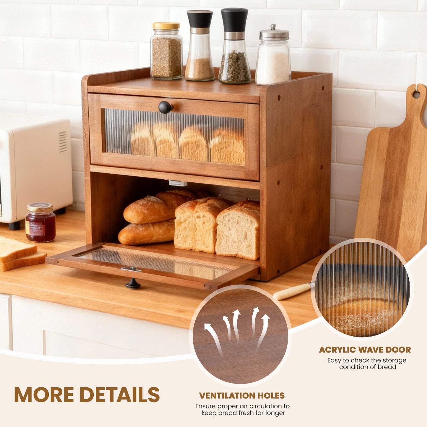 Double Layer Bread Box for Kitchen Counter, 2 Decker Large Wooden Bread Bin, Corner Bread Storage Container with Acrylic Windows, Dry Food Container with Air Vents to Keep Fresh, Self Assembly