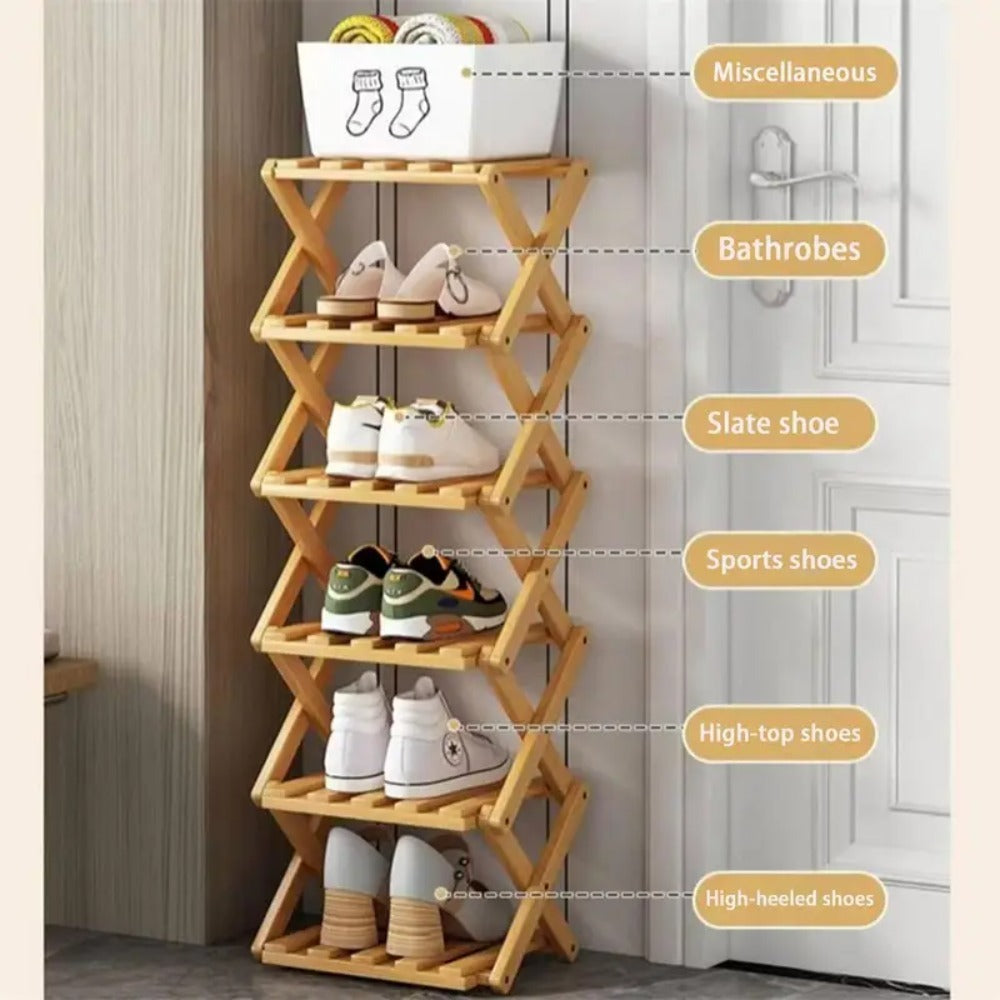Space-Saving Bamboo Shoe Rack - Vertical Narrow Foldable 4-8 Layer Shoe Rack, Multi-Layer Design Free Installation Retractable Shoe Rack, Small Narrow Doorway Home, Multi-layer Simple Shoe Cabinet Portable Shoe Rack Organizer, Long Shoe Rack, Rack Shoes,
