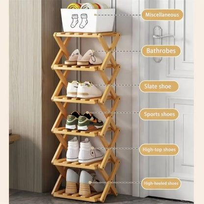 Space-Saving Bamboo Shoe Rack - Vertical Narrow Foldable 4-8 Layer Shoe Rack, Multi-Layer Design Free Installation Retractable Shoe Rack, Small Narrow Doorway Home, Multi-layer Simple Shoe Cabinet Portable Shoe Rack Organizer, Long Shoe Rack, Rack Shoes,