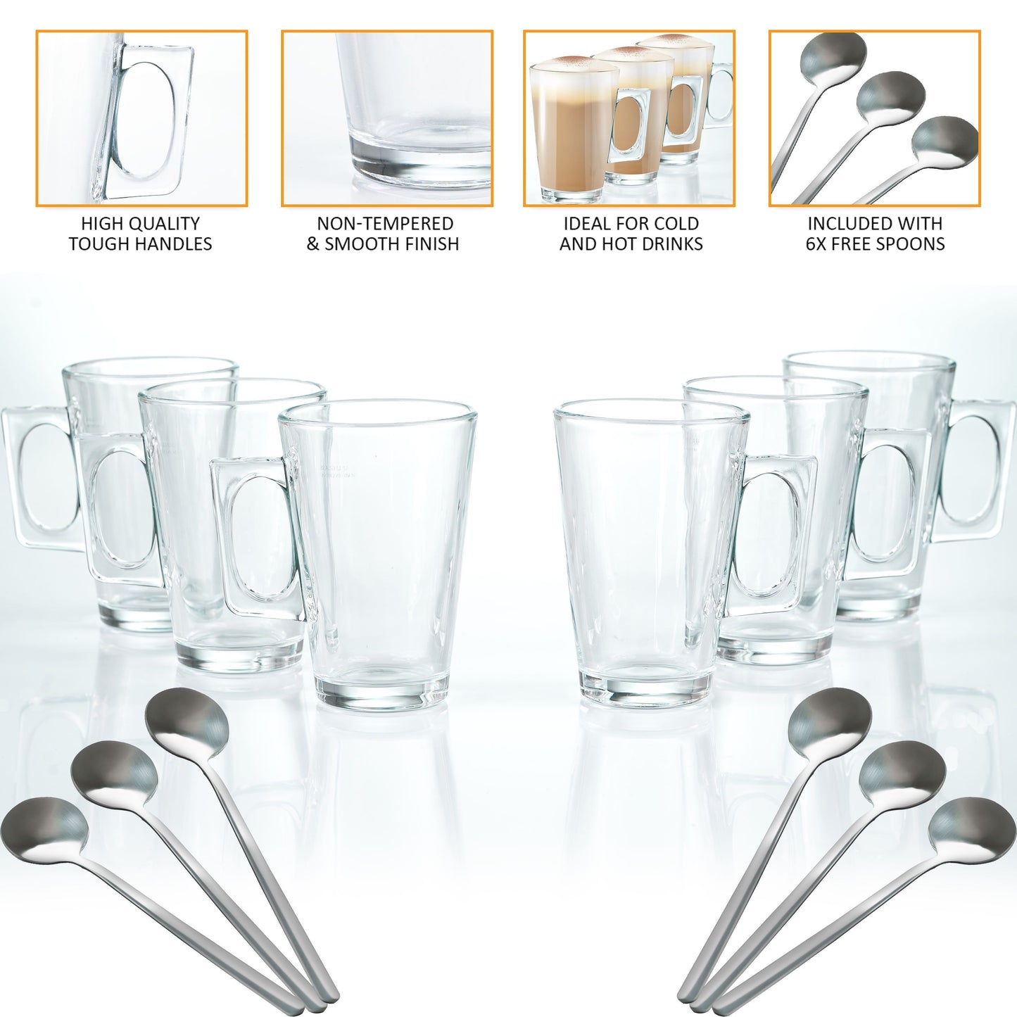 Set of 6 Latte Glasses, Latte Mugs 240 ml Temperature Resistant - Stylish Latte Cups Hot Drink Cafe Mugs - Ideal for Ice Cream Latte, Cappuccino & Hot Chocolate - Transparent