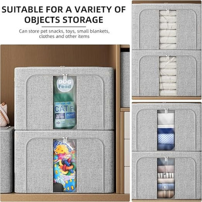 66L Foldable Storage Box with Clear Windows - Extra Thick Cotton Linen Fabric Organizer Bins | Space-Saving Stackable Design for Clothes, Blankets & Bedding Storage (Zipper Closure, Wardrobe Essential)