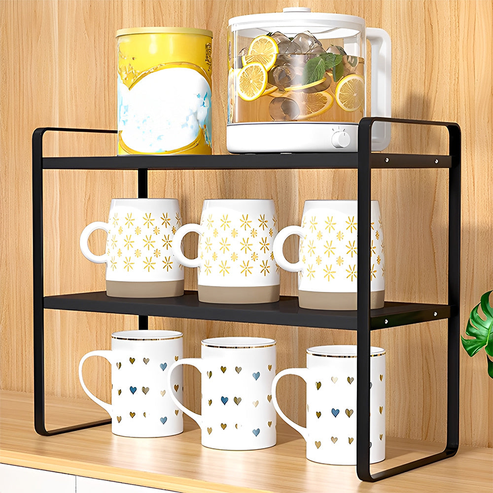 Multi-Tier Storage Rack, Mug Shelves for Desks, Black/White/Natural Wooden and Metal Countertop Organizer Shelf, Display Rack, Perfect for Dormitories Home Office Kitchen Bathroom
