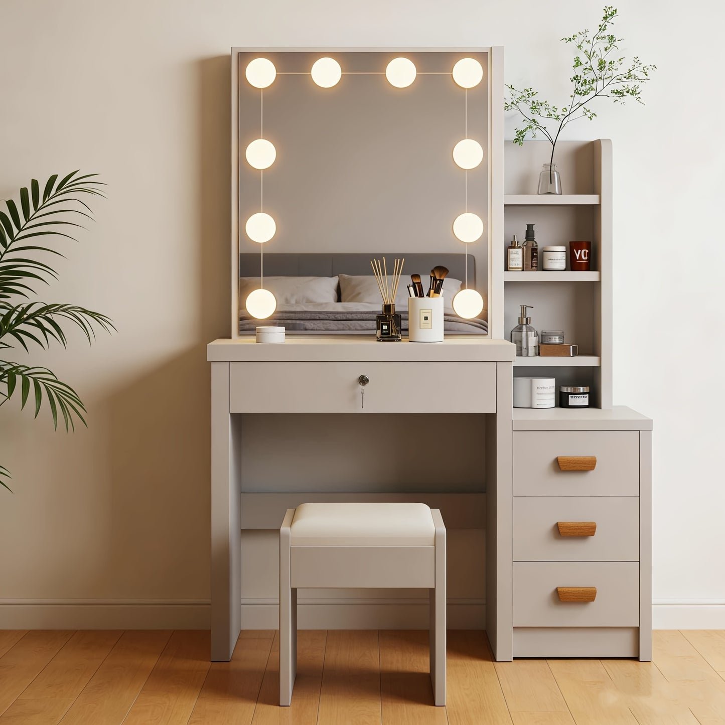Vanity Table with Sliding Mirror LED Lights & Stool 4 Drawers 6 Hidden Shelves Dimmable 3-Colour Lighting Makeup Desk Bedroom Dressing Table White Black MDF