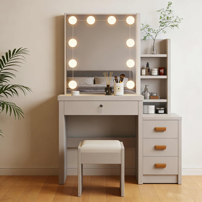 Vanity Table with Sliding Mirror LED Lights & Stool 4 Drawers 6 Hidden Shelves Dimmable 3-Colour Lighting Makeup Desk Bedroom Dressing Table White Black MDF