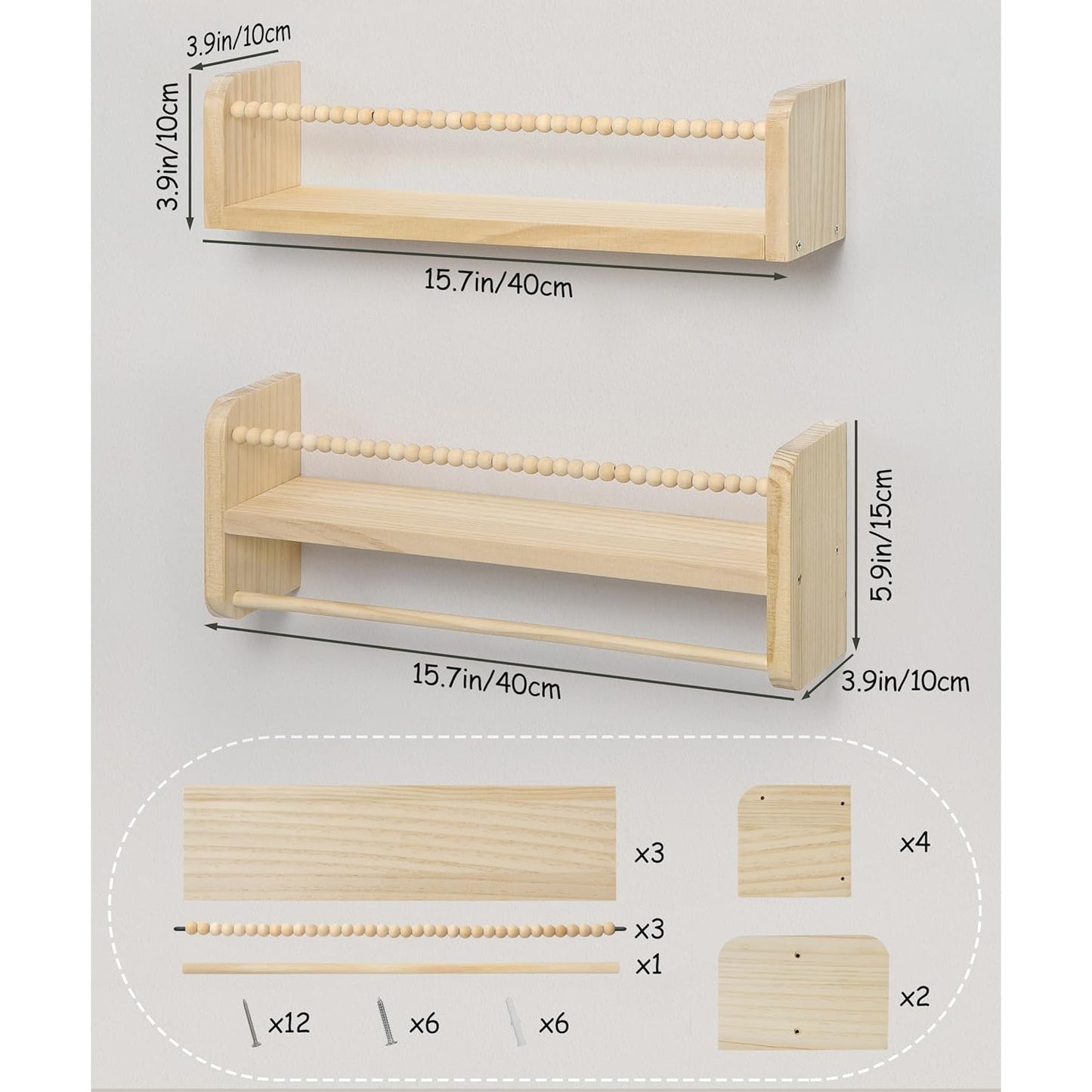 40cm Set of 3 Shelves Floating Book Shelf for Wall, Shelves for Bedroom Bookshelf Pink Room Decor, Solid Wood Small Organizer With Wooden Bead Design